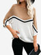 Stripe 3/4 Sleeve Contrast Color Casual Sweater For Women - White