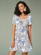 Floral Print Ruched Puff Sleeve Ruffle Drawstring Dress - Blue