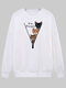 Cartoon Cat Printed O-neck Long Sleeve Sweatershirt - White
