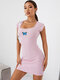 Butterfly Embroidery Square Collar Short Sleeve Ribbed Knit Dress - Pink