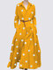 Polka Dot Print Pleated Pocket Long Sleeve Maxi Dress - Yellow