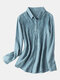 Solid Color Embroidered Lapel Collar Long Sleeve Casual Blouse - Blue