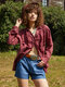 Solid Ruffle Button Lapel Collar Long Sleeve Western Retro Blouse - Wine Red