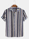 Men Vintage Ethnic Striped Print Short Sleeve Shirt - Blue