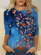 Butterflies Print O-neck Long Sleeve Plus Size Cotton Blouse for Women - Blue