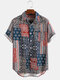 Mens Ethnic Patchwork Printed Short Sleeve Turn Down Collar Chest Pocket Shirt - Blue