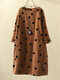 Vintage Print Polka Dots 3/4 Sleeve Pockets Corduroy Dress - Brown