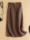 Women Solid Split Back Cotton Skirt With Pocket - Brown