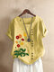 Повседневная футболка с круглым вырезом и короткими рукавами с цветочной вышивкой для Женское - Желтый