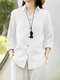 Feminino sólido manga longa botão lapela frontal Camisa - Branco