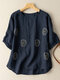 Leisure Embroidered Ruched Round Neck Short Sleeve Cotton Blouse - Navy