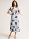 Floral Print Tie-up At Cuffs V-neck Maxi Bohemian Dress - Blue
