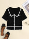 Contrast Color Single Breasted Lapel Color Slit Hem T-shirt - Black