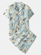 Men Tropical Leaves Print Loungewear Two Pieces Faux Silk Pajamas Lapeal Collar Thin Sleepwear - Green
