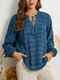 Floral Embroidery Knotted Long Sleeve Women Blouse - Blue