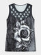 Rose Print O-neck Hollow Sleeveless Women Tank Top - Gray