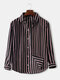 Mens Vertical Stripes Print Lapel Button Up Long Sleeve Curved Hem Shirts - Black