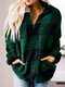 Plaid Long Sleeve Lapel Collar Zipper Front Pocket Sweatshirt For Women - Green