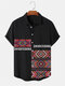 Camisas masculinas com estampa geométrica étnica patchwork lapela manga curta inverno - Preto