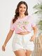 T-shirt Plus Size Love Letter Plants manica corta Resort Wear - Rosa