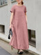Solid Pocket Round Neck Short Sleeve Casual Cotton Maxi Dress - Pink