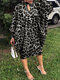 Plus Size Women Leopard Print Keyhole Neck Long Sleeve Dress - Gray