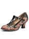 Sокофий Натуральная Кожа Ретро модные удобные туфли с Т-образным ремешком и цветочным принтом - Черный