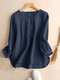 Solid Lace Trim Long Sleeve Crew Neck Casual Blouse - Navy