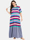 Plus Size Women Colorful Horizontal Stripes Patchwork Short Sleeve Nightdress Pajamas - Multi Color