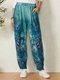 Butterfly Tie-dyed Print Elastic Waist Casual Pants With Pockets - Blue