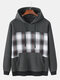 Mens Cotton Flocking Check Patchwork Casual Drawstring Hoodies With Pouch Pocket - Grey