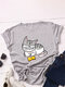 Cartoon Cat Printed O-neck Short Sleeve T-shirt - Light Grey