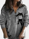 Blusa feminina com estampa de gato e gola de lapela de manga comprida - Cinza escuro
