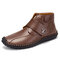 Men Hand Stitching Hook Loop Leather Soft Ankle Boots - Brown