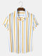 Mens Colorful Striped Revere Collar Casual Short Sleeve Shirts - Yellow