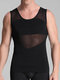 Men Stretch Shapewear Tank Tops Nylon Net Breathable Abdomen Control Plain Undershirts - Black