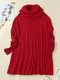 Solid Dolman Long Sleeve Loose Turtleneck Knit Sweater - Red
