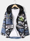 Mens Corduroy Camo Print Letter Embroidery Cotton Casual Hooded Jackets With Pocket - Blue