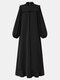 Women Solid Color Stand Collar Patchwork Long Sleeve Maxi Dress - Black