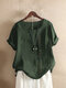 Solid Color Button Short Sleeve Crew Neck T-shirt For Women - Green