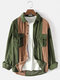 Mens Corduroy Patchwork Cargo Style Double Pockets Lapel Long Sleeve Shirts - Army Green