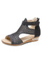 Plus Size Women Back-zip Soft Comfy Breathable Hollow Rhinestone Embellished Flat Sandals - Black