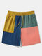 Mens Color Block Stitching Preppy Drawstring Shorts With Pocket - Yellow