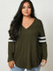Solid Color Striped Patchwork V-neck Long Sleeve Plus Size T-shirt - Army Green