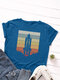 Spaceship Stripe Print O-neck Short Sleeve Casual T-Shirt For Women - Blue