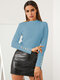 Solid Mock Neck Button Long Sleeve T-shirt For Women - Blue