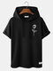 Mens Rose Print Knit Casual Short Sleeve Drawstring Hooded T-Shirts - Black