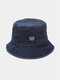 Unisex washed Made-old Cotton Solid Color Crown Pattern Embroidery Simple Bucket Hat - Navy