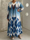 Plus Size Asymmetrical Vintage Printed V-neck Maxi Dress - Blue