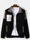 Mens Contrast Patchwork Zip Front Lapel Relaxed Fit Cardigans - Black